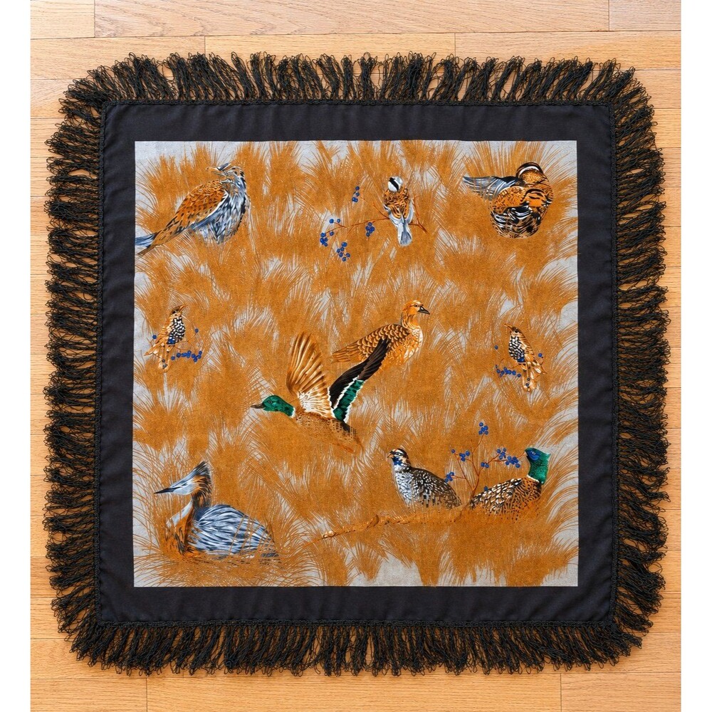 Vintage Handdruck Kashmir 100% Wool Scarf Shawl Pheasant Game Bird Fringe